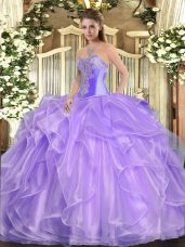 Hot Selling Organza Sweetheart Sleeveless Lace Up Beading and Ruffles Quinceanera Dresses in Lavender
