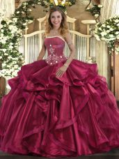 Exquisite Sleeveless Organza Floor Length Lace Up Vestidos de Quinceanera in Red with Beading and Ruffles