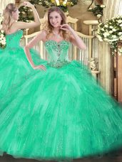 Smart Floor Length Lace Up Sweet 16 Dress Apple Green for Military Ball and Sweet 16 and Quinceanera with Beading and Ruffles