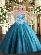 Sweetheart Sleeveless Lace Up Vestidos de Quinceanera Teal Tulle