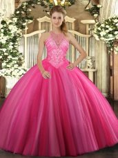 Floor Length Ball Gowns Sleeveless Hot Pink Sweet 16 Dress Lace Up
