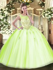Yellow Green Ball Gowns Scoop Sleeveless Tulle Floor Length Zipper Beading and Appliques Quinceanera Dress