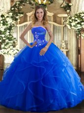 Excellent Strapless Sleeveless Tulle Quinceanera Dresses Beading and Ruffles Lace Up