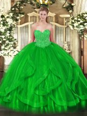 On Sale Organza Sweetheart Sleeveless Lace Up Beading and Ruffles Quinceanera Gown in Green