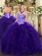 Free and Easy Sweetheart Sleeveless Sweet 16 Dress Floor Length Appliques and Ruffles Purple Organza