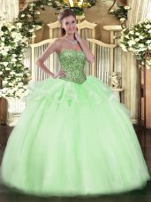 Luxury Floor Length Lace Up Quinceanera Gown Apple Green for Military Ball and Sweet 16 and Quinceanera with Beading and Ruffles