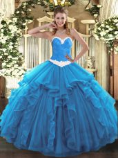 Ideal Sweetheart Sleeveless 15 Quinceanera Dress Floor Length Appliques and Ruffles Baby Blue Organza