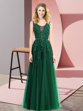 Beading and Appliques Party Dresses Dark Green Backless Sleeveless Floor Length