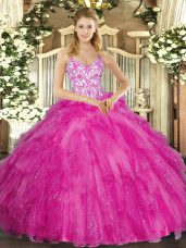 Enchanting Fuchsia Ball Gowns Straps Sleeveless Tulle Floor Length Lace Up Appliques and Ruffles Quinceanera Dress