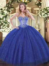 Shining Royal Blue Sweetheart Neckline Beading Ball Gown Prom Dress Sleeveless Lace Up