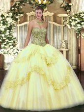 Beading and Appliques Quince Ball Gowns Light Yellow Lace Up Sleeveless Floor Length