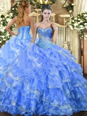 Elegant Baby Blue Ball Gowns Sweetheart Sleeveless Organza Floor Length Lace Up Beading and Ruffled Layers Quince Ball Gowns
