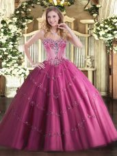 Sweet Floor Length Fuchsia Sweet 16 Dresses Sweetheart Sleeveless Lace Up