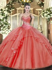 Coral Red Lace Up Sweet 16 Dress Beading and Ruffled Layers Sleeveless Floor Length