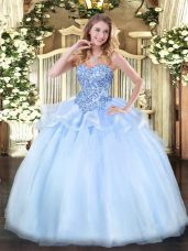 New Style Light Blue Ball Gowns Sweetheart Sleeveless Organza Floor Length Lace Up Appliques Quince Ball Gowns