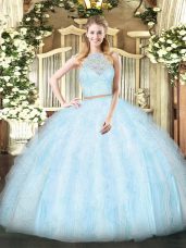 Light Blue Tulle Zipper Sweet 16 Dress Sleeveless Floor Length Lace and Ruffles