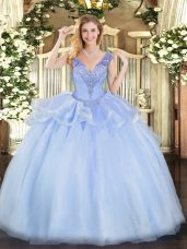 Sexy Lavender Lace Up Quince Ball Gowns Beading Sleeveless Floor Length