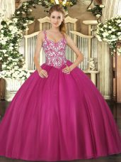Suitable Straps Sleeveless Tulle 15th Birthday Dress Beading and Appliques Lace Up