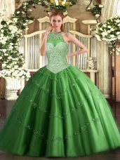 Tulle Halter Top Sleeveless Lace Up Beading and Appliques Ball Gown Prom Dress in Green