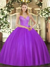 Fantastic V-neck Sleeveless Sweet 16 Quinceanera Dress Floor Length Beading Eggplant Purple Tulle