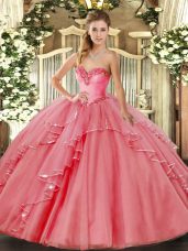 High End Watermelon Red Sleeveless Tulle Lace Up Quinceanera Gown for Military Ball and Sweet 16 and Quinceanera