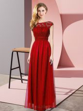 Fashionable Floor Length Zipper Juniors Party Dress Wine Red for Prom and Party with Lace