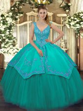 Extravagant Turquoise Sleeveless Floor Length Beading and Embroidery Zipper Sweet 16 Quinceanera Dress