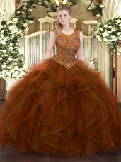 Brown Scoop Zipper Beading and Ruffles Sweet 16 Dress Sleeveless