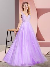 Sleeveless Tulle Floor Length Zipper Prom Party Dress in Lavender with Lace