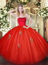 Chic Red Tulle Zipper Ball Gown Prom Dress Sleeveless Floor Length Appliques