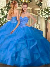 Super Sweetheart Sleeveless Lace Up Vestidos de Quinceanera Blue Tulle