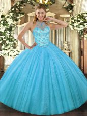 Halter Top Sleeveless Lace Up Sweet 16 Dress Aqua Blue Tulle