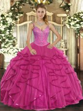 Noble Hot Pink Sleeveless Floor Length Beading and Ruffles Lace Up Quinceanera Gowns