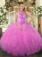 Edgy Halter Top Sleeveless Lace Up Sweet 16 Dresses Rose Pink Organza