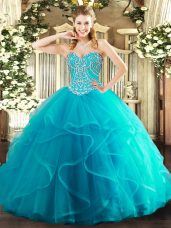 Trendy Teal Lace Up 15 Quinceanera Dress Beading and Ruffles Sleeveless Floor Length