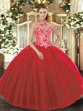 Noble Ball Gowns Quinceanera Dress Red Halter Top Tulle Sleeveless Floor Length Lace Up