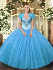 Hot Selling Sweetheart Sleeveless Quinceanera Dresses Floor Length Beading Aqua Blue Tulle
