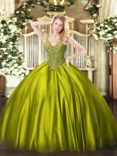 Sweet Floor Length Olive Green Vestidos de Quinceanera V-neck Sleeveless Lace Up