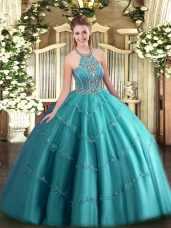 Latest Sleeveless Tulle Floor Length Lace Up Quinceanera Dresses in Teal with Beading and Appliques
