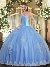 Sweetheart Sleeveless Quinceanera Gowns Floor Length Beading and Appliques Baby Blue Tulle