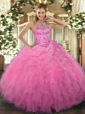 Organza Sleeveless Floor Length 15th Birthday Dress and Beading and Embroidery and Ruffles