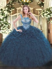 Sleeveless Organza Floor Length Lace Up Quinceanera Dress in Navy Blue with Beading and Ruffles