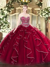 Wine Red Sweetheart Lace Up Beading and Ruffles Quinceanera Gowns Sleeveless