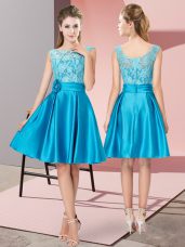 Blue Satin Zipper Homecoming Dress Sleeveless Knee Length Lace and Hand Made Flower