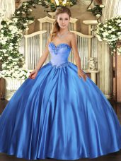Sleeveless Floor Length Beading Lace Up Ball Gown Prom Dress with Blue
