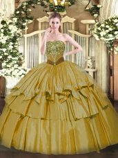 Traditional Brown Sleeveless Beading and Ruffled Layers Floor Length Quinceanera Gown