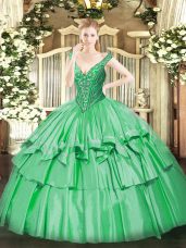 Dramatic V-neck Sleeveless Lace Up Sweet 16 Dress Green Organza and Taffeta