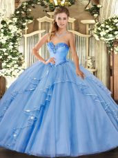 Amazing Blue Ball Gowns Tulle Sweetheart Sleeveless Beading and Ruffles Floor Length Lace Up Quinceanera Dresses