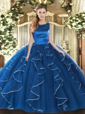 Chic Ball Gowns Sweet 16 Dress Blue Scoop Tulle Sleeveless Floor Length Lace Up