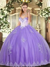 Hot Selling Lavender Tulle Lace Up Sweetheart Sleeveless Floor Length Sweet 16 Dresses Beading and Appliques